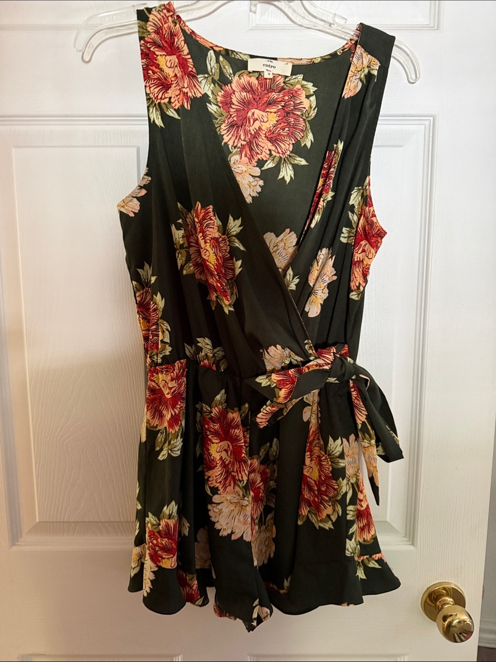 entro Dark Green Floral Wrap Romper with Red and Cream Blooms
